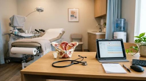 Modern gynecological consultation suite illustrating hysteroscopy procedure duration and clinical timeline (AI Generated Image)