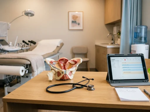 Modern gynecological consultation suite illustrating hysteroscopy procedure duration and clinical timeline (AI Generated Image)